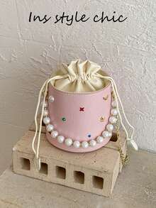 Pearl Beaded Colorful Rhinestone Metal Star Decor Ruched Texture Detachable Metal Chain Portable Drawstring Bucket Bag For Women, Sweet Round Cylinder Handbag For Travel, Shopping, Dating, Exquisite Niche Crossbody Shoulder Bag, Fresh Versatile - Pink - View 4