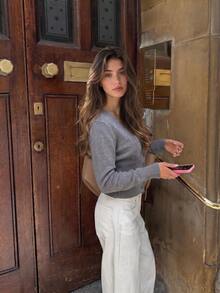 Fashionable Women's V-Neck Side Button Slim Fit Ribbed Sweater, Solid Gray Long Sleeve Knit Top Fall - Grey - View 6