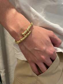 1pc Men's Gold-Tone Copper Geometric Nail Inlaid CZ Luxury Style Bracelet, Suitable For Party And Dance - Multicolor - View 1