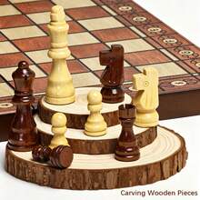 1 Set Wooden Chess Set International Board Vintage Carved Pieces 15inch Retro Vintage Chessboard With Coordinates, Portable Travel Strategy Game Gift For Adults - Multicolor - View 8