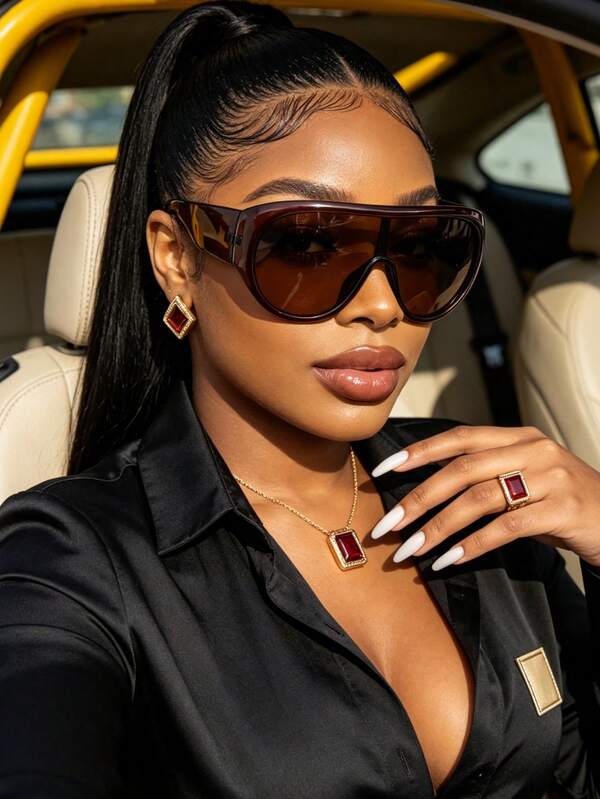 1 Pair Y2K Millennium Style Oversized One-Piece Glasses, Translucent Amber Tea-Colored Lenses, Futuristic Connected Frame, European And American Street Style Fashion Item