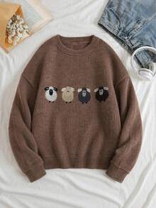 Plus Size Women's Knit Sweater, Lamb Pattern, Long Sleeve Crew Neck Regular Fit, Ideal Choice For Autumn Fall - Brown - View 3