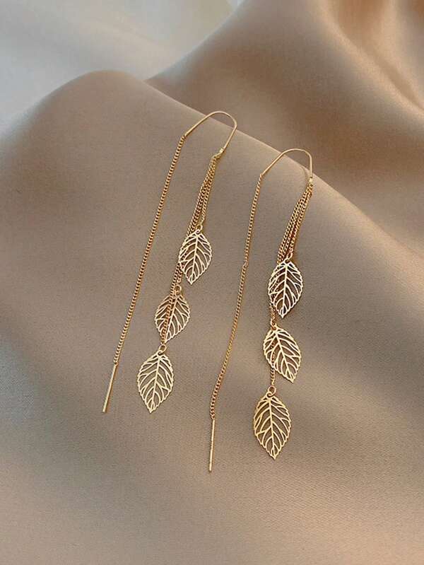 1 Pair Of Fashionable Hollowed Out Leaf Tassel Earrings With Long, Personalized And Versatile Ear Hooks And Earrings