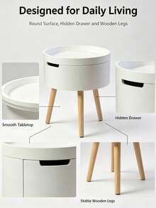 Lightweight Compact White Round Storage Nightstand, Flip Top Hidden Storage Bedside End Table With Stable Natural Wood Tripod Legs, Space Saving Small Accent Table For Guest Room Dorm Narrow Bedroom Daily Storage Use - White - View 6