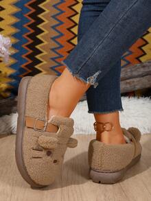 1 Pair Women Closed Toe Daily House Shoes Cute Cartoon Buckle Strap Shoes - Coffee Brown - View 4