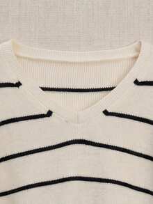 JIANHU Women's Striped V-Neck Pullover Sweater, Long Sleeve Contrast Striped, Winter Holiday Casual Wear - White - View 8