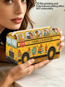 Campus Style "SCHOOL BUS" Pattern Pencil Case/Stationery Storage Bag - Multi-Functional Large Capacity Design, Suitable For Storing Office Supplies, Creative Multi-Purpose Pencil Case Or Portable Travel Makeup Bag, Ideal For Students And Adults Daily Use, Meets Stationery Storage, Daily Organization, Overnight Travel, Vacation And Gym Storage Needs, Back To School Dorm Essential (2D Pattern, Not Embroidered) - Multicolor - View 5