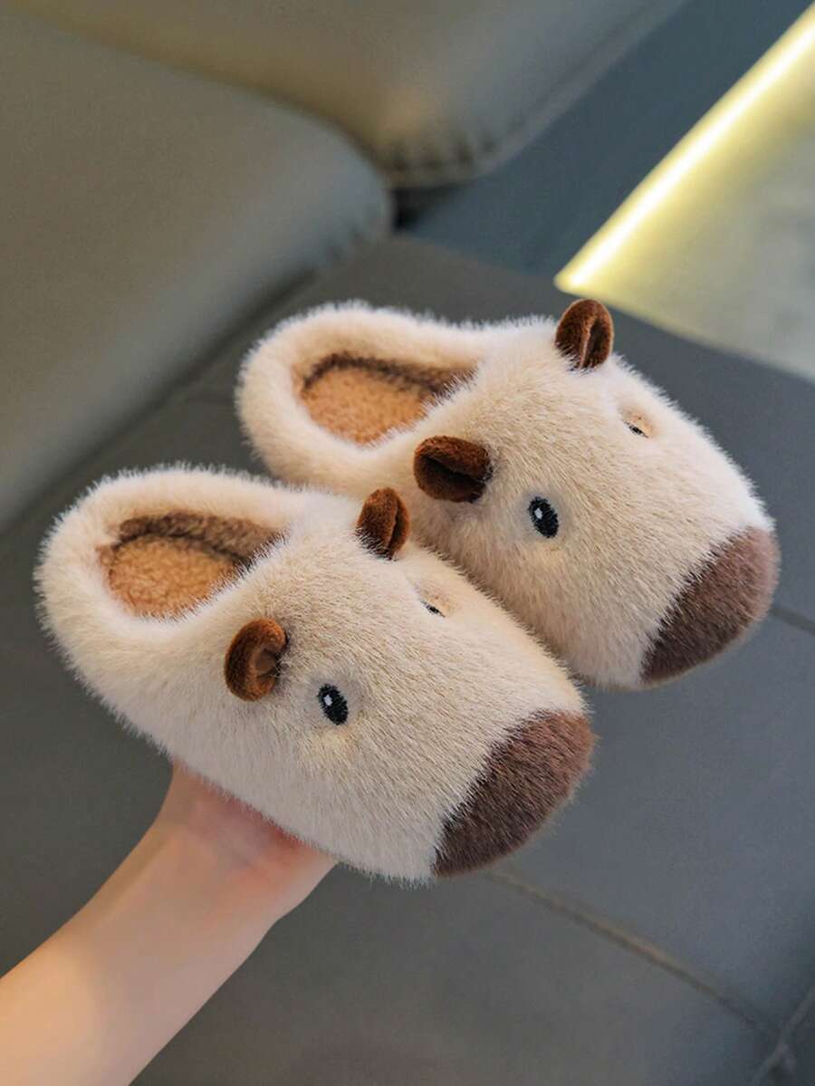 1 Pair Kids Fuzzy Slippers Winter Capybara Design, Suitable For Boys And Girls, New Cute Full-Coverage Baby Plush House Shoes - Beige - View 1