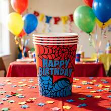 10pcs/20pcs/50pcs Halloween Spider Birthday Party Paper Cups, 9 Oz Disposable Cups Featuring A Red And Blue Spiderweb Pattern; Suitable For Halloween, Birthday Parties, And Day Of The Dead Celebrations. - Multicolor - View 4