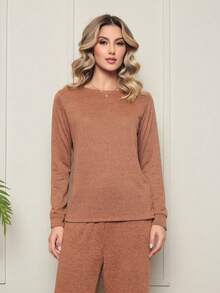 Basic Women's Linen Pants And Top Set - Camel - View 4