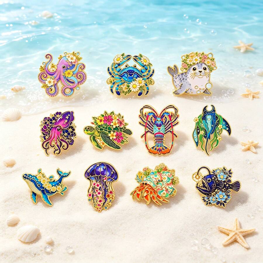 可愛海洋動物花卉琺瑯胸針套組，章魚海龜鯨魚螃蟹領飾針，海生物徽章，適用於背包夾克裝飾，送給男士女士的禮物