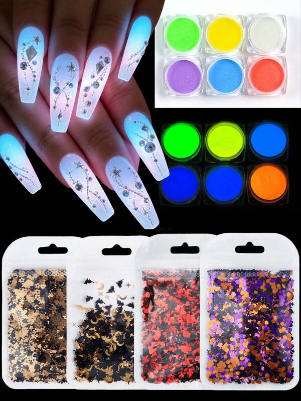 10 piezas/Set Polvo y Purpurina que Brilla en la Oscuridad para Decoración de Uñas de Halloween, Halloween / Oscuro / Dulce y Fresco DIY Purpurina para Uñas, Negro y Dorado Vintage, Purpurina para Uñas Corazón Gótico Oscuro, Accesorios de Decoración de Uñas DIY