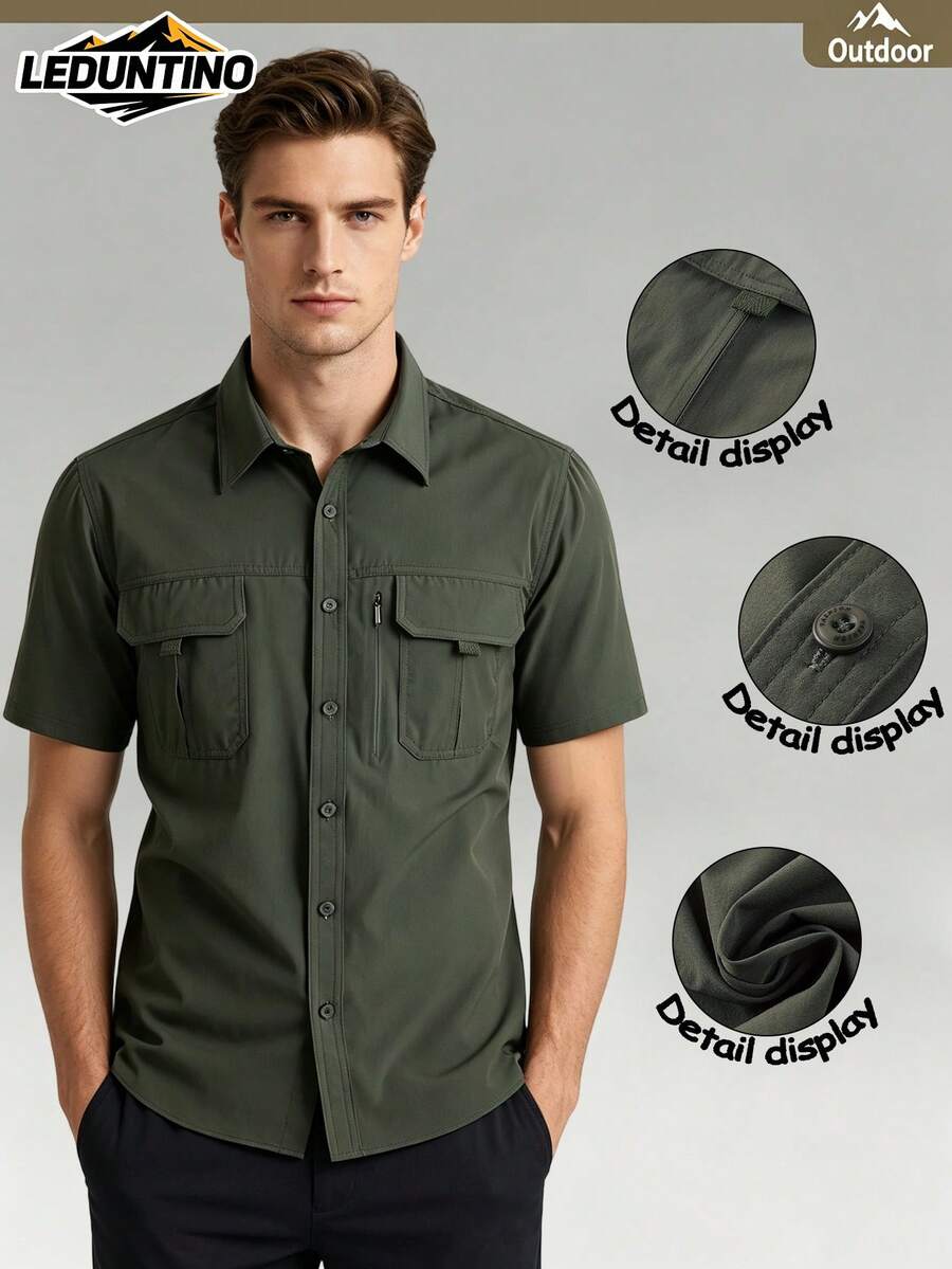 LEDUNTINO [Spring/Summer] Men's Fashion Casual Workwear Shirt, Sporty Style, Solid Color, Green, Husband/Boyfriend Gift, Button-Up Sports