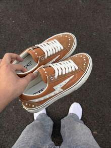 1 Pair Pearl Style Wear-Resistant Unisex Flat Shoes, High-End Distressed Low-Top Outdoor Sports Skateboard Canvas Shoes - Brown - View 6