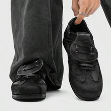 Men's Square Toe Retro Training Shoes, Flip Strap Casual Sneakers For Daily Commute And City Outings - Black - View 1