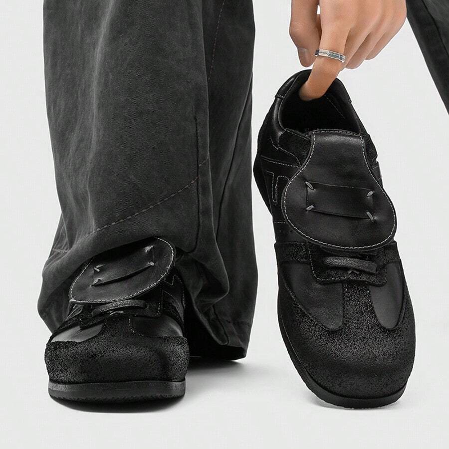 Men's Square Toe Retro Training Shoes, Flip Strap Casual Sneakers For Daily Commute And City Outings - Black - View 1