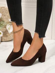 Women's High Heel Pumps, Chunky Square Heel, Spring/Autumn, Block Heels, Fine Suede Coated Fabric, Solid Color, No Print, Pointed Toe, Low Vamp - Coffee Brown - View 3