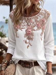 Women's New Spring/Summer Floral Print Long Sleeve Top, Casual Elegant Top For Daily Wear, Outings, Home, Vacation And Holidays White - White - View 3