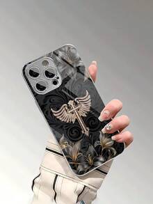 1PC Luxury Black Floral Phone Case, Rhinestone Cross Angel Wings Design, Silver Electroplated Tempered Glass Back Panel Anti-Drop Protective Shell, High-End Texture Protective Case Suitable For Apple Air 17/16e/16Pro/16ProMax/16Plus/15/15Plus/15ProMax, 14/14Plus/14Pro/14ProMax, 13/13Pro/13ProMax, 12/12Pro/12ProMax, 11/11Pro/11ProMax And Other Models, Suitable For Personal Use Or Gift - Multicolor - View 2