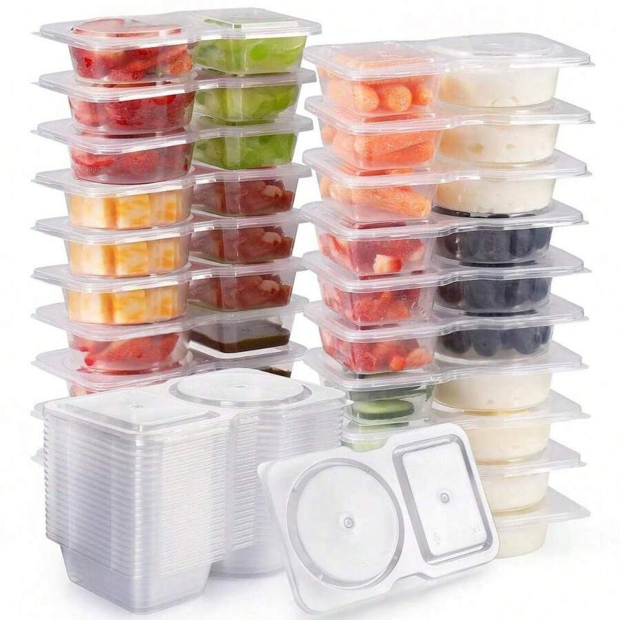 1/20/40pcs Reusable Snack Sauce Fruit Food Storage Containers With Lids, Dual Compartment Leak-Proof Sealed, PP Material, Portable Meal Camping Use, Freezer- Divided Storage Box, Kitchen Spice Seasoning Organizer, Meal Prep Essential