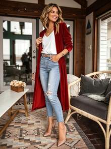 Plus Size Red Korean Style Velvet Long Front-Open Cardigan, Casual Long Sleeve Loose Fit Autumn/Winter Coat, Suitable For Daily Wear And Party - Red - View 2
