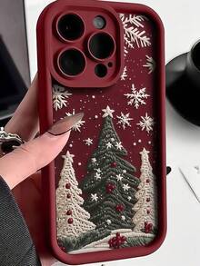 1pc Christmas Phone Case With 3D Embroidered Christmas Tree And Snowflake Pattern, Burgundy Leather Frame Shockproof Soft TPU Protective Cover, Compatible With GALAXY, HONOR, Phones - Burgundy - View 3