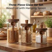 3 Pcs Multi-Size High Borosilicate Glass Spice Jars Set, Airtight Seasoning Containers With Wooden Lids & Unique Side Spoon Holder, Moisture-Proof Storage Canisters For Sugar, Coffee & Salt - Clear - View 2