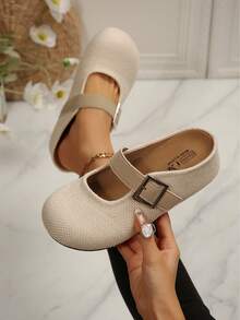 Women's Round Toe Woven Mary Jane Closed Toe Half-Slippers With Metal Buckle, Soft Sole Slouchy Slip-On Flat Mule Sandals For Outdoor Wear - Beige - View 13