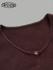 Women Fall Coffee Brown Ribbed Knit Cardigan, Round Neck Keyhole Cutout Button Front Long Sleeve Slim Sweater For Daily Date Outfits - Brown - View 5