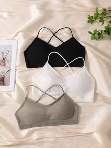 3pcs Women's Solid Color Ribbed Criss-Cross Back Wireless Bandeau, Spaghetti Strap Padded Sports Bra, Casual Daily Yoga Comfortable Bra - Multicolor - View 2