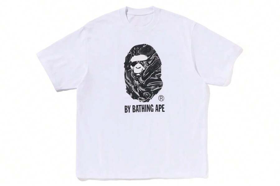 Ape Head Graphic Tee, Camiseta con Gráfico de Cabeza de Simio, Estilo Retro de Baloncesto, 100% Algodón, Cuello Redondo, Unisex, Casual de Verano - Blanco - Ver 1