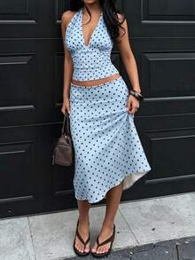 Transparent Polyester Lightweight (Check Size Chart) Polka Dot Contrast Color 2 Pieces Set, Elegant Charming Wedding Party Y2K Backless Halter Knot Ruffle 2 Pieces Set, Casual Vacation All Season Autumn/Winter Inner Wear, Spring/Autumn 2 Pieces Set, Spring/Summer 2 Pieces Set - Baby Blue - View 2
