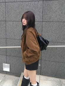 女款復古立領拉鍊機車夾克外套，秋冬款 - 棕色 - 查看 6