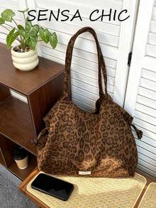 Bolso Tote de Lona de Algodón Grueso Cepillado con Estampado Integral de Leopardo Marrón Vintage, Decoración de Etiqueta de Tela con Nudo y Cordón Lateral, Gran Capacidad, Boca Abierta, Estilo Retro Americano Hot Girl, Bolso de Hombro, Bolso de Mano, Bolso de Axila, Correa Larga, Adecuado para Escuela, Desplazamientos, Viajes Cortos, Atuendo de Otoño/Invierno, Bolso Dumpling con Estampado de Leopardo de Vibra Relajada - Marrón - Ver 3