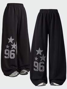 Lurzo Girls' Y2K Casual Retro Straight Leg Pants, Vintage Number 96 + Five Star Print, Comfortable Drape, Suitable For Campus And Outdoor - Black - View 3