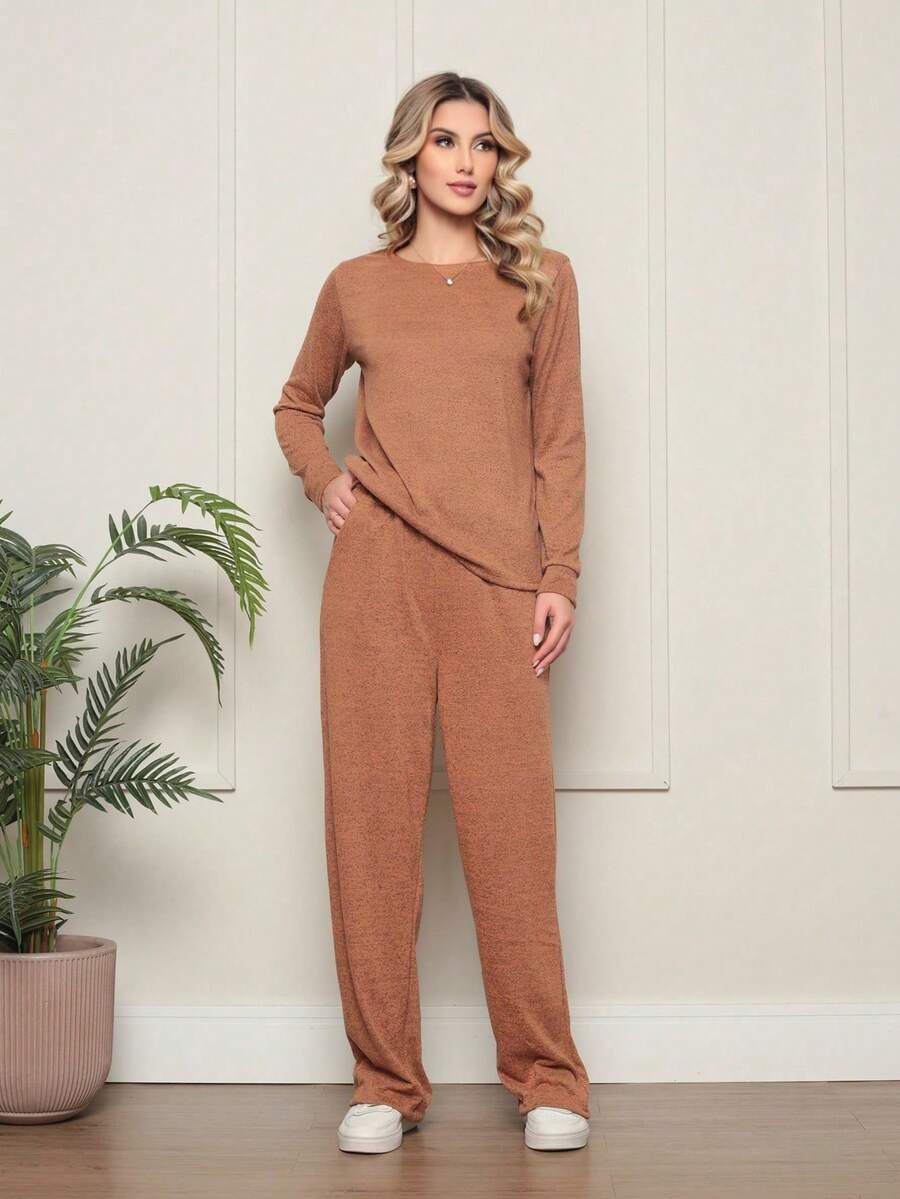 Basic Women's Linen Pants And Top Set - Camel - View 1