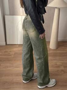 (棉質可選) 女款復古寬鬆直筒堆疊牛仔褲 - 藏蓝色 - 查看 4