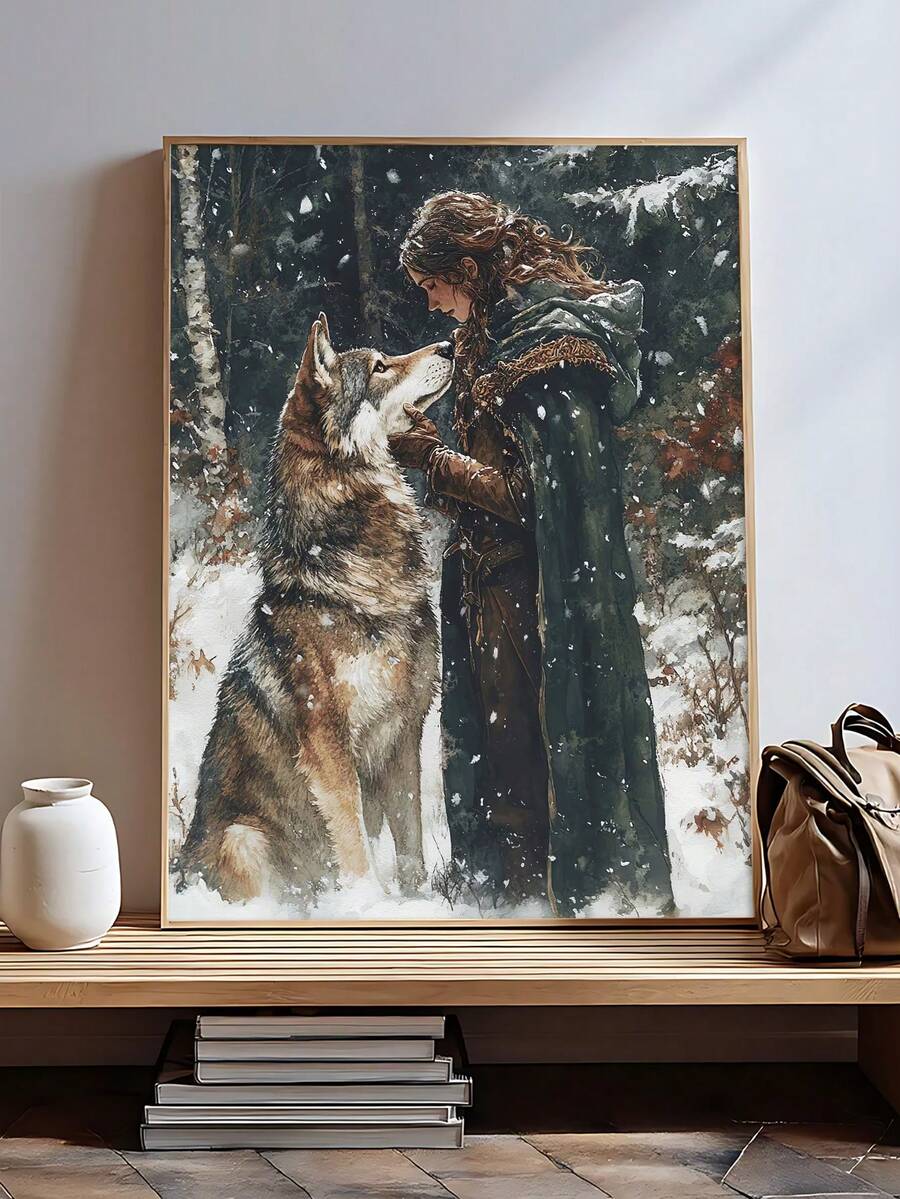1pc Lady Warrior & Her Wolf On A Snowy Forest Art Print,Joan Of Arc Oil Painting, Medieval Knight Woman Religious Art, Bedroom Decor,LivingRoom Decor,Dorm Decor,Wall Arts,Wall Decor,Home Decor,Room Decor, Canvas Wall Art, Posters,Optional Frame - 1PCS - View 1