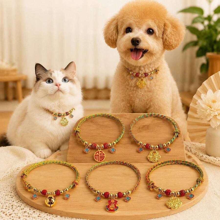 1pc Colorful Braided Pet Collar, Cat And Dog Universal Long Life Lock Bell Adjustable Kitten Neck Ring, Puppy Faux Metal Necklace - Multicolor - View 1
