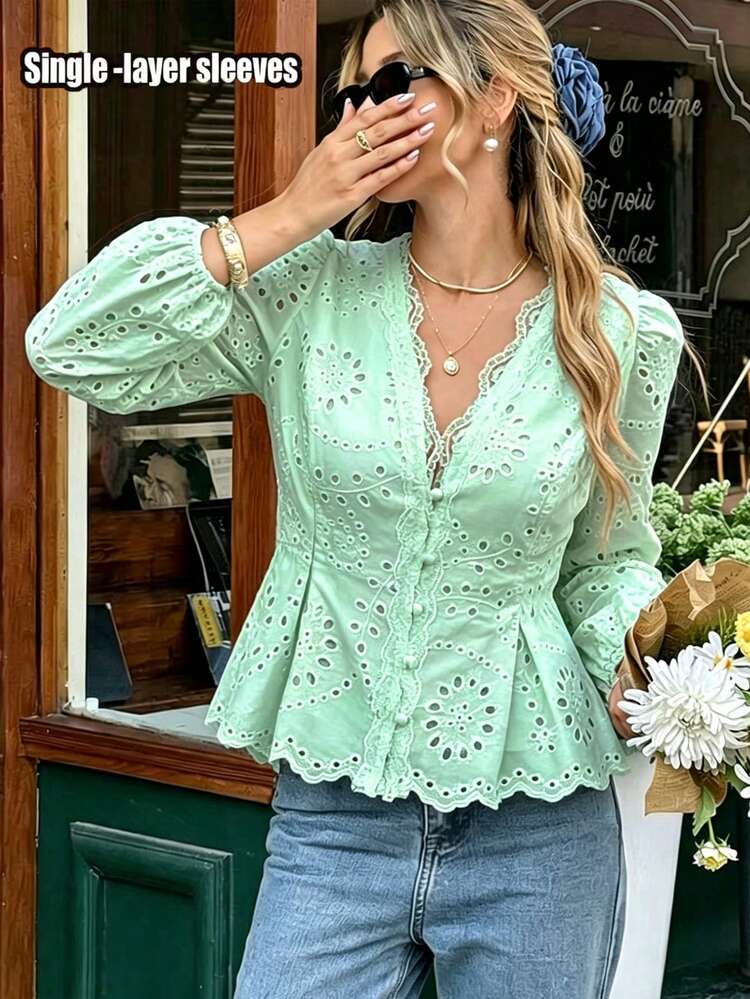 Áo blouse nữ phong cách đường phố đi làm kiểu sinh viên tối giản thời trang thường ngày đa năng màu trắng thêu họa tiết, viền ren, cúc nấm, tôn dáng thắt eo, xếp ly, có lót, tay dài, cổ tay chun, một lớp, cho đi biển, du lịch, dã ngoại, đi làm và nhiều dịp khác, xuân hè thu - Màu xanh Bạc hà - Xem 1