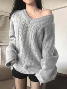 Women's V-Neck Long Sleeve Loose Cable Knit Casual Sweater - Light Grey - View 5