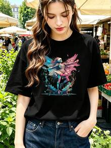 Fairy Skeleton Graphic T-Shirt, High Quality Fabric, Comfortable Fit, Hip-Hop Street Style, Graphic Design. - Black - View 6
