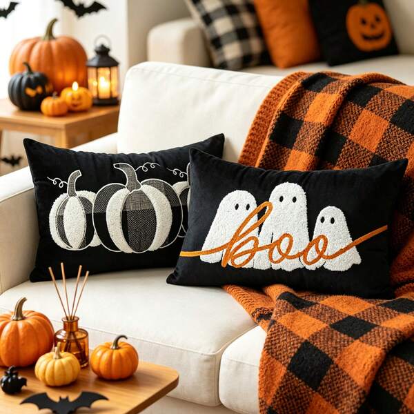 1pc Ghost Embroidered Halloween Decorative Pillow Case, Pumpkin Decor Velvet Pillow Case, Halloween Style Decoration (BOO)