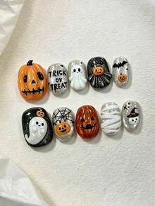10pcs Pure Handmade Short Oval Multicolor Press On Nails, Y2k Vintage Cool Style, 3D Halloween Pumpkin Ghost Bat Cartoon Patterns For Women And Girls, Spring Summer Fall Winter Festivals Party And Daily Life Use - Multicolor - View 2