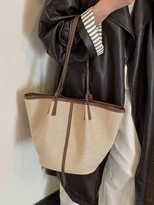 Bolso tote de gran capacidad con diseño de bloques de color y patchwork - Marrón - Ver 4