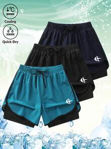 男士雙層運動短褲，2合1設計，快乾面料，防曬，透氣，時尚印花，跑步、健身、徒步、休閒戶外慢跑必備 - 藍色 - 查看 1