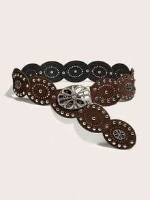1pc Bohemian Western Style Vintage Patchwork Women's PU Belt, Jeans Accessory, Suitable For Party, Music Festival, Holiday - Brown Spliced Cross Metal - View 7