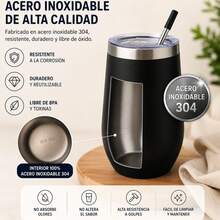 Termo 16oz(480ml) Acero Inoxidable, Antifugas, Incluye Popotes, Cepillo y Esponja, Vaso Termico Para Cerveza, Te Helado, Cafe, Chocolate, Termo Para Bebidas Calientes y Frias - Negro - Ver 3