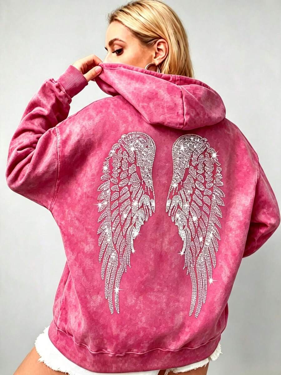 Women's Oversized Angel Wings Print Hoodie - Black Y2K Back Graphic Pullover, Fall Winter Streetwear , Comfy Oversized Silhouette2026 - Red 1 - 查看 1
