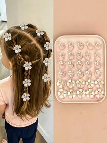 14/28pcs Random Assorted White Rhinestone Flower Hair Accessories, Thin Pink Cord 3D Petal Design Mini Versatile Hair Ties For Girls' Daily Outfits - Multicolor - View 1